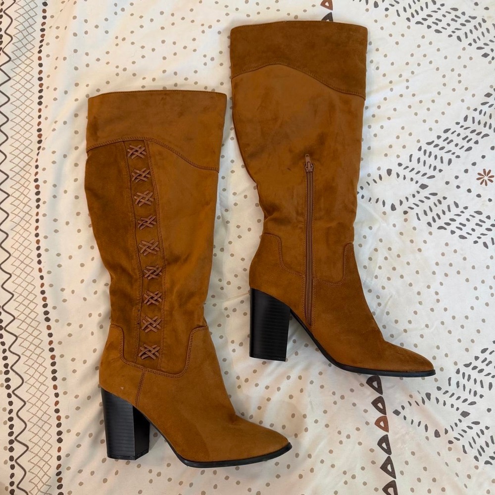 Size 7.5 Chestnut Cognac Faux Suede Woven Detail Knee High Boots